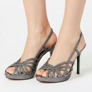Nina Fonda Pewter Baby Glitter Strappy Stiletto Sandal Heels Size 7